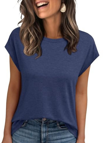 AirMood Lässiges Basic-T-Shirt für Damen, elegant, lockere Passform, Rundhalsausschnitt, Flügelärmel, blau, Large