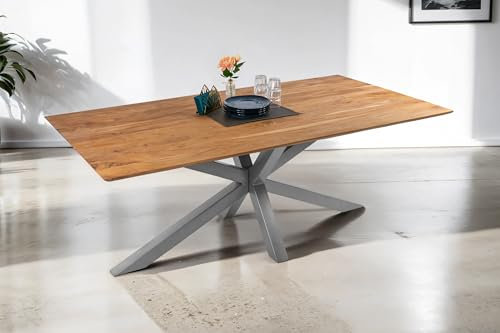 SAM Esstisch 200 x 100 cm Dean, Massivholztisch Eiche, Schweizer Kante, Esszimmertisch mit Spider-Gestell aus Metall Silber, pflegeleichter Holztisch