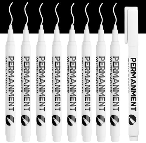 8pcs White Permanent Marker Pen, Waterproof Fabric Laundry Paint Pens Quick-drying Ink Acrylic Markers for Clothes Rock Metal Wood Stone Glass Ceramic Plastic, 1-2mm Line width