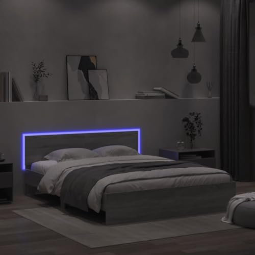 Bulliing Bettgestell mit Kopfteil und LED-Beleuchtung Bettrahmen Bettgestell Bed Frame Kopfteil Bett Betten Grau Sonoma
