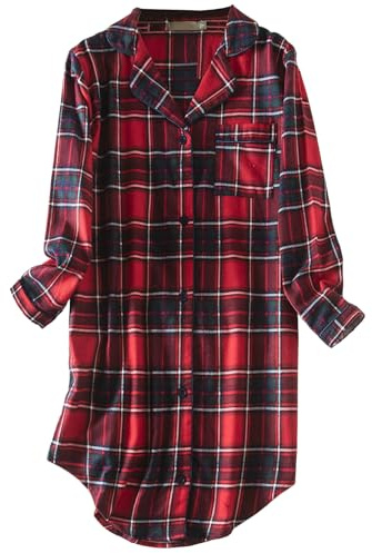 CHUNG Chemise de nuit à manches longues boutonnée pour femme - Chemise de nuit à carreaux - Motif tartan - Flanelle et coton, Vert/rouge., S