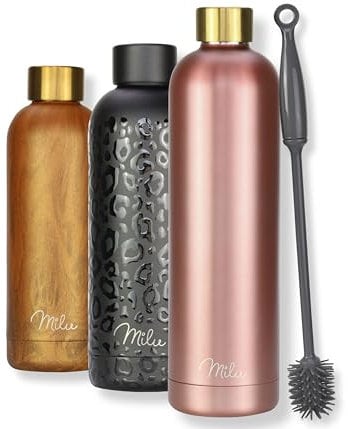 Milu Stainless Steel Water Bottle 1L Vaccum Insulated Large Drink Flask Water Bottles Leakproof Keep Drinks Hot Cold for Bike Camping Sports Gym - incl. Cleaning Brush (Rose Gold, 1000ml)