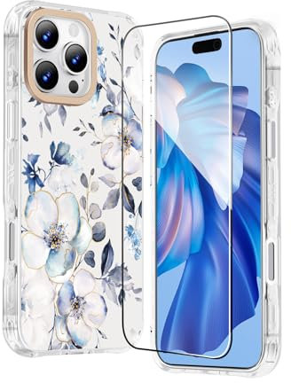zelaxy Compatible with iPhone 16 Pro Max Case, Flower Phone Case Floral Patterns with Screen Protector, Anti-Yellow Not Fade Shockproof Protective Cover for Women, Girl- Blossom