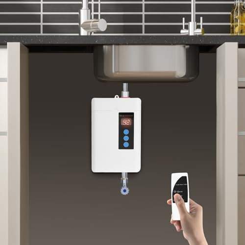 Calentador de agua electrónico de 5 L, con protecciones, protección contra sobretemperatura y pantalla LED, calentador de agua eléctrico hasta 55 ℃ para baños, cocina, 13,5 x 24 cm, color blanco