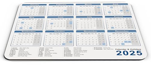 Calendar & Holidays 2025 Computer PC Mousemat (Blue)