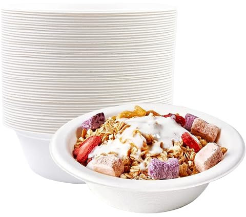 BOKFJBP 50Stück Weiß Einwegschalen Zuckerrohr, 500ML Einweg Suppenschalen Bagasse langanhaltender Wärmespeicherung Langlebige Suppenschalen für BBQs Picknicks Outdoor -Essen