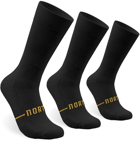 NORTEI Fahrradsocken, Lange Radsocken, MTB, Triathlon, Laufen, Atmungsfähig, Gepolstert, Sportsocken für Radfahren für Herren und Frauen (S, M, Schwarz Pack 3)