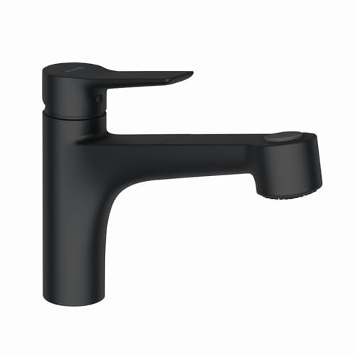 KLUDI MIX Spültisch-Einhandmischer DN 15, Schwenkbarer Auslauf, Herausziehbare Geschirrbrause, Schwarz (Modern, Mattschwarz)