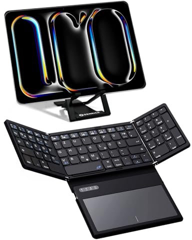 zenrich Faltbare kabellose Bluetooth-Tastatur mit Touchpad/Nummernblock/Ständer, (QWERTZ-Layout) Bluetooth-Tastatur mit DREI Kanälen ultraflache Reisetastatur für Windows/iOS/Mac OS/Android-Schwarz