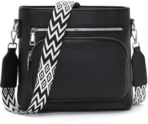 Snmoec Handtasche Damen mittelgroß umhängetasche Damen Handy Crossbody Bag Leder PU damentaschen mit breitem Gurt Handtasche schwarz