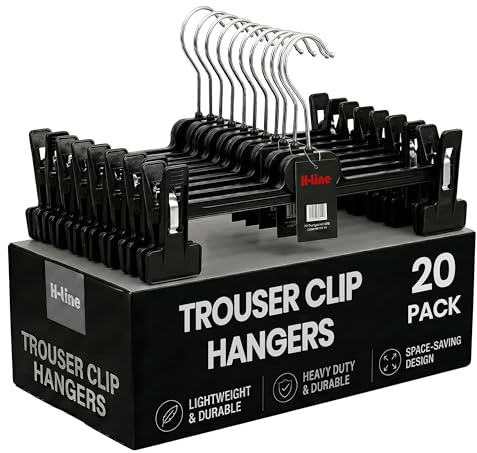 H-line Trouser Hangers with Clips [20] Rotatable Hook, Strong Black Plastic HangerGentle on Clothes - Ideal for Organizing Trousers, Skirts, Jeans, Towels