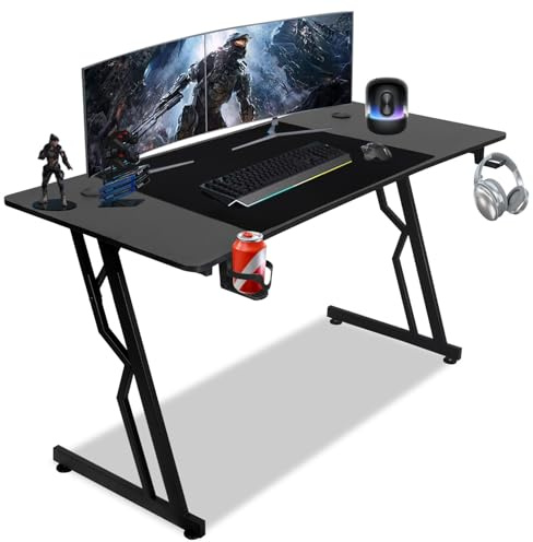 Peviasot Scrivania da gioco, tavolo da gioco con LED 140 x 60 cm, tavolo a forma di Z con tappetino per mouse, tavolo per computer ergonomico per gaming con gancio per cuffie e porta bevande, tavolo