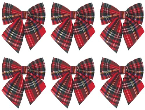 Red Traditional Tartan Christmas Tree Bow Decorations - Set of 6