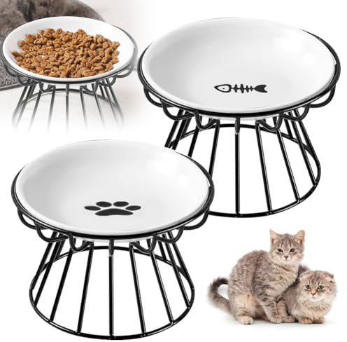 Lot de 2 gamelles surélevées en céramique pour chat - Avec support en métal - Gamelle pour chat - Pour nourriture, eau, gamelles pour chat