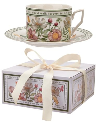 Generico Café de cerámica con diseño floral de 240 ml | Elegante juego de tazas y platillos, vajilla para té y café, porcelana resistente, ideal para desayuno, zumos o bebidas Cal