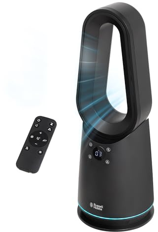 Russell Hobbs Smart Bladeless Cooling Fan in Black, 9 Speed Settings, 3 Modes, Touch Controlled Buttons, WiFi Enabled, LED Display with Remote, 80° Oscillation Function, 59cm Tall, RHCBLDL10BSM