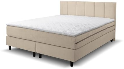 VENASI MÖBEL Boxspringbett Paris, Polsterbett Maße: 160x200 cm, Farbe: Beige, Velourstoff, Doppelbett mit Bonell-Matratze H3 inkl. Topper