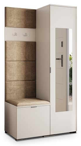 Masseno Flugarderoben Set VIRA, Kleiderschrank-Set mit Spiegel und Sitzbank, Garderobenschrank Flur mit 3 Regalböden, Kaschmir