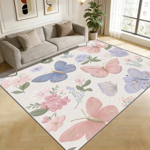 TerroVee Schmetterling Teppich Wohnzimmer 160x230 cm, Pastellfarben Schmetterlinge Blumen Teppiche, Insekten Mädchen Waschbar Kurzflor Groß Teppiche Für Schlafzimmer Kinderzimmer, Blau Rosa Weiß