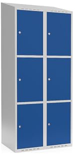 kaiserkraft | 3er-Schließfachschrank Fydor | 2 Abteile | lichtGrau/Enzianblau | B 800 mm | schräge Dachform | Zylinderschloss