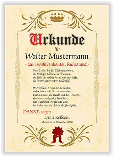 Ruhestand Urkunde persönliches Geschenk zur Rente Geschenkidee zum Abschied vom Berufsleben Marmor-Papier Beige, für Klassenzimmer