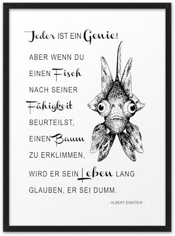 JEDER IST EIN GENIE | ABOUKI Kunstdruck | Lustiges Poster Einstein Lustige Poster Arbeit Bild Büro Bilder Büro Witzig Motivationsbilder Albert Einstein Poster Spruch | DIN A4, A3 / Rahmen optional