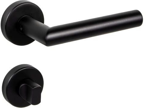 Gedotec Drückergarnitur Schwarz matt [WC-Badezimmer] 1x Tür Beschläge Rund-Rosette I Türgriffe Innentüren L-FORM I Türklinke für Türstärke 35 – 47 mm | Türbeschlag mit Befestigungsmaterial