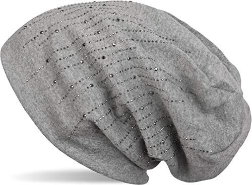 styleBREAKER Damen Beanie Mütze mit Strass Nieten im edlen Streifen Design, Slouch Longbeanie, Stoffmütze Einfarbig 04024086, Farbe:Grau meliert