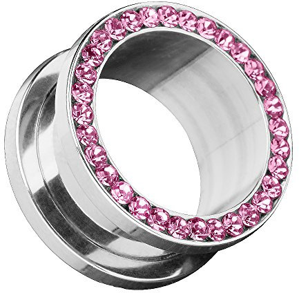 Piersando Flesh Tunnel Ohr Piercing Plug Ohrpiercing Schmuck Schraub aus Edelstahl Tribal mit Zirkonia Kristall Steinen Silber 12mm Pink