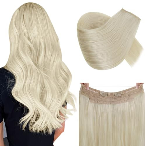 RUNATURE Wire Hair Extensions Real Human Hair Blonde Invisible Wire Hair Extensions Human Hair White Blonde One Piece Hair Extension Straight 14 Inch 70g