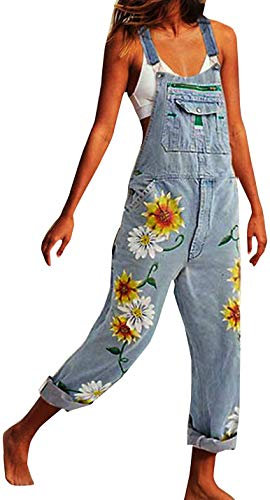 Lazutom Women's Loose Fit Floral Printed Casual Baggy Denim Bib Dungarees Overall (UK 18, Light Blue)