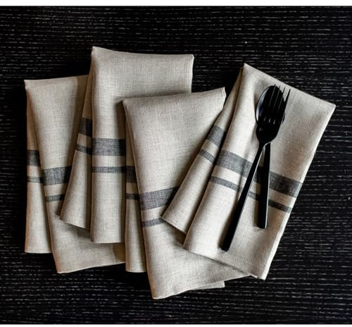 Servietten aus 100 % reinem Leinen, 50.8x50.8 cm, schwarze und natürliche Servietten für Halloween, Urlaub – Set mit 4 französischen Streifen, handgefertigt aus europäischem Flachs – Solino Home