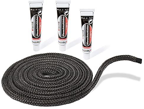 LANZZAS Kamin- & Ofendichtschnur - Ø 12 mm, Länge: 3 m - Glasband für Kamintüren - hitzebeständig bis 550°C - mit feuerfestem Montagekleber