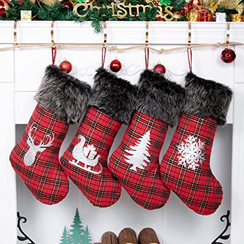 Beyond Your Thoughts Nikolausstrumpf Weihnachtsstrumpf zum Befüllen & Aufhängen, Nikolaussocke Weihnachtsdekoration für Kamin, Weihnachtsbaum, Wand, Treppe,Rot und Schwarz, 4er Set