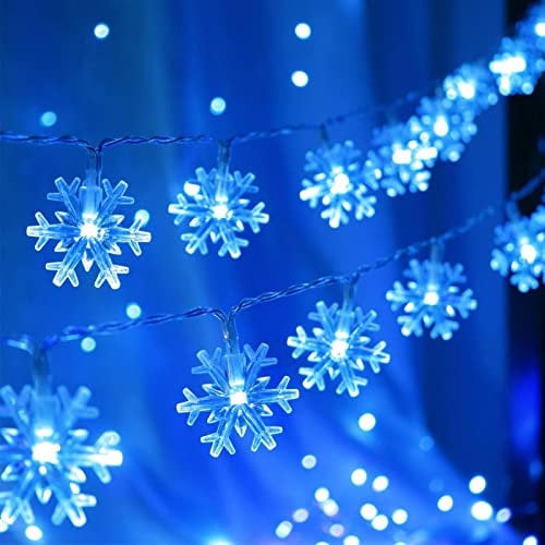 Blue Snowflake String Lights - 20 Ft, 40 LED, Battery Operated, Indoor/Outdoor, Xmas Decor