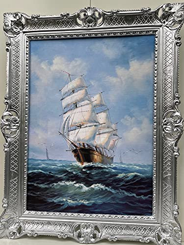 Segelschiffbilder Gemälde Segelschiff Antik Schiff auf dem Meer Wandkunst 90x70 Wandbild Antik Gemälde Kunstdruckbild mit Barockrahmen Silber