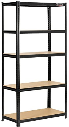 Rhino Racking – 2 Bays – 5 Tier Heavy Duty Garage Shelving Units – 200kg Load Weight Per Shelf – 1000kg Per Unit - 180x90x45cm - Black Adjustable Shelves