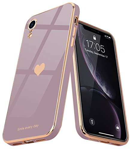 Teageo Compatibile per iPhone XR, Custodia per Cellulare Ragazze con Motivo a Cuore Carino Protezione per Fotocamera Elettrolitico Morbido Protettiva Cover per iPhone XR, Lavender