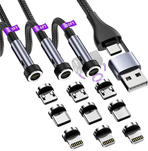 HanCenDa Câble de charge magnétique à rotation de 360° et 180°, câble de chargeur de téléphone magnétique 5 en 1 [3ft/6ft/10ft] Prend en charge le transfert de données pour i/Micro USB/Type C - Noir