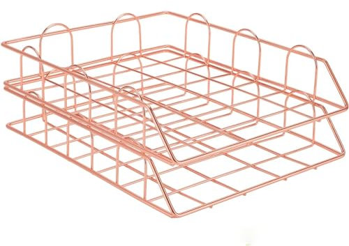LELYFIT 2 Tier A4 Metal in Trays, Stackable Office Desk Tidy File Holder, Magazine Storage Paper Organiser (Rose Gold)
