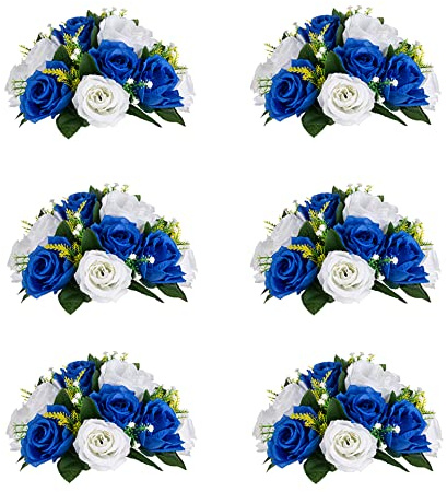 Inweder Künstliche Rosen Blumen für Tischdeko Hochzeit: 6 Pcs Königsblau Weiß Kunstblumen Blumenkugeln Blumenarrangements Dekorative Künstliche Blumensträuße Fake Blumen Deko Tafelaufsatz für Party