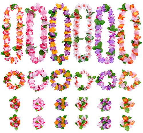 baotongle 24Stk Hawaii Party Dekorationen Hawaii Blumenketten mit Halsketten, Elastischen Stirnbänder und Armbänder für Thema Strandparty Sommer Party Favors
