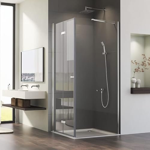 Eckeinstieg Duschkabine 90x90x185cm Falttür mit Seitenwand, Faltbar mit festem Seitenteil Sicherheitsglas Duschabtrennung, Silber Duschwand mit 5 mm ESG Glas, Duschtür Schwenkbereich von 180°