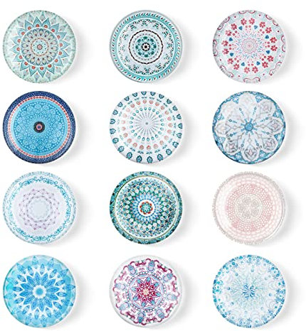 FuninCrea Magnet Kühlschrank Aufkleber, 12 Stücke Glas Bunter Blumenmuster Kühlschrank Magnet Aufkleber Anwendbar auf Kühlschrank Dekoration (E)