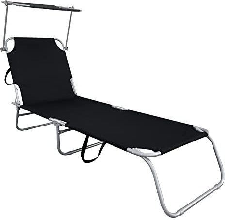 Spetebo 3-Bein Gartenliege klappbar - schwarz/mit Sonnendach - Relax Sonnenliege mit 4-Fach verstellbarem Rückenteil - Liege für Camping Garten Pool Spa Wellness mit Tragegurten