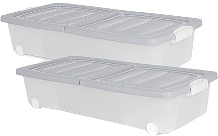 Dynamic24 XL Unterbett Kommode mit Rollen 32L Deckel Spielzeug Box Aufbewahrung Aufbewahrungsbox Flach Set Kunststoff Unterbettkommoden Unterbettkommode Bettkasten Unterbettbox (2 Stück, Grau)