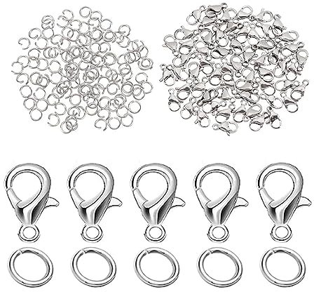 CPRNQY 200 Stück Armbandschnallen, 100 Karabinerverschlüsse und 100 Runde Offene Schlaufen, Silbergrau, Schmuckverschlüsse für DIY Armbänder und Ketten