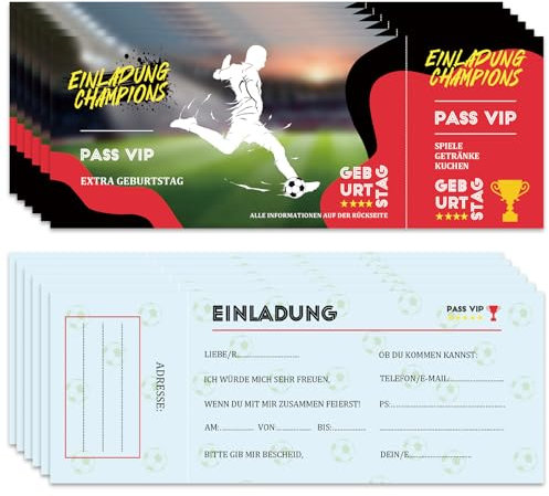 12x Eintrittskarte Fussball Einladungskarten Kindergeburtstag Junge, Partyeinladungen Einladungskarten Geburtstag für Jungen und Mädchen - Fussball Deko Geburtstag Kinder