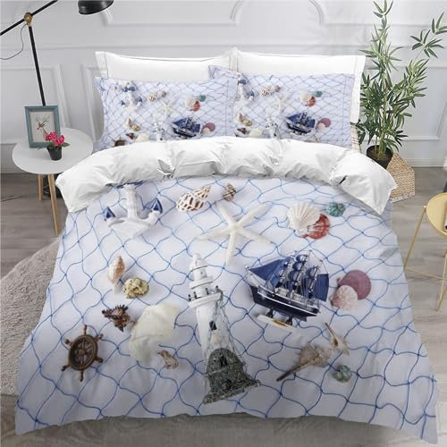 Bedding Housse de Couette 240x260cm vue sur l'océan avec 2 Taies d'oreiller 65x65cm voilier à ancre coquille Parure de Lit 240x260cm - Ensembles de Housses de Couette en Microfibre brossée Douce