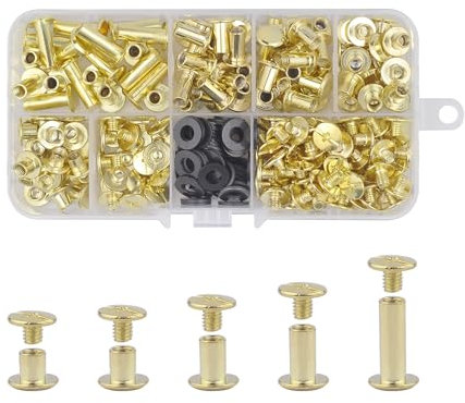 CANGCANG 100 Satz Chicago Buchschrauben Edelstahl,M5X 4/6/8/10/12mm Binding Schrauben kit 5 Größen Schraube Metallzubehör Nägel Nieten Chicago Button für Ledergürtel DIY Leder Dekoration (Gold)